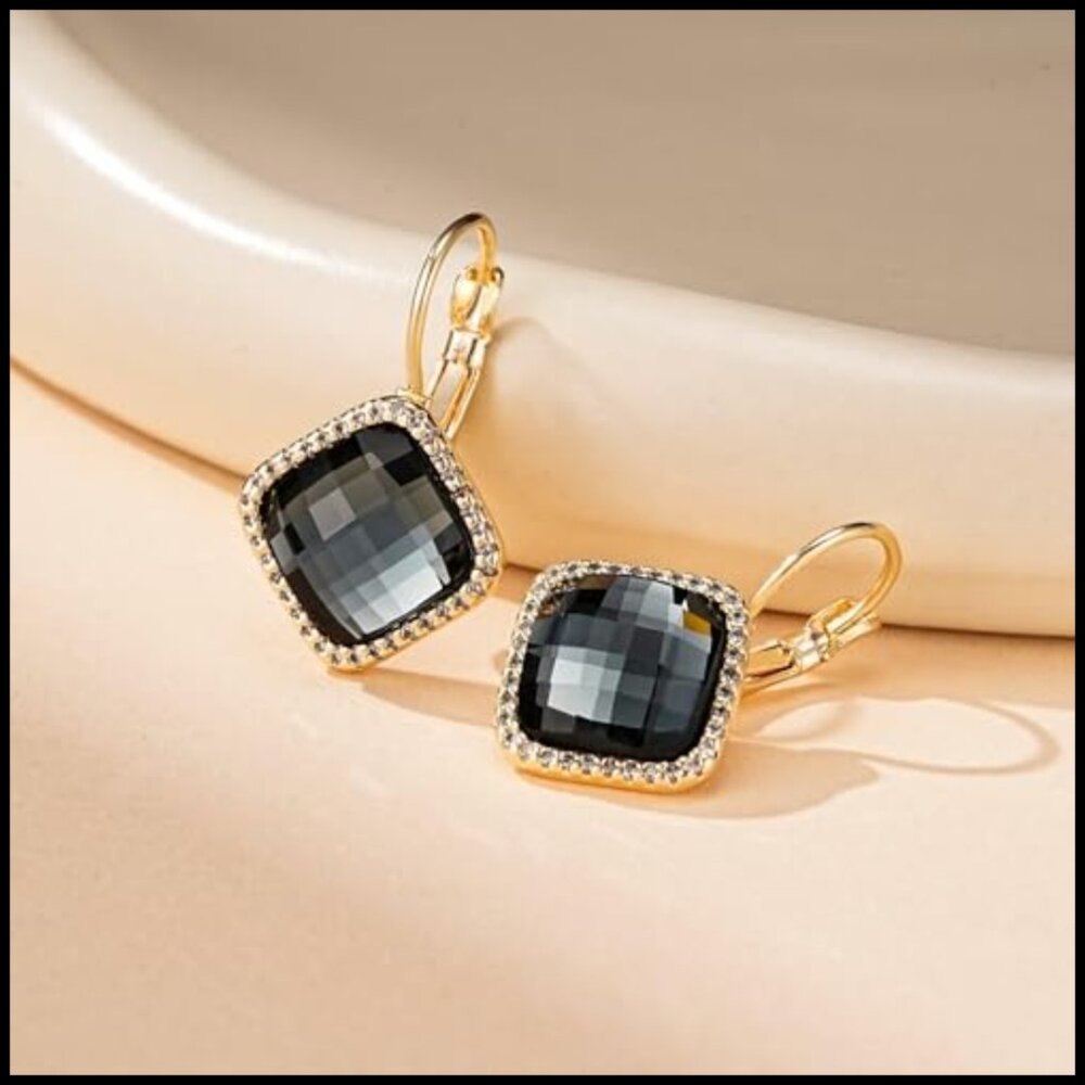 Austrian Crystal Square Dangle Leverback Earrings… - image 3